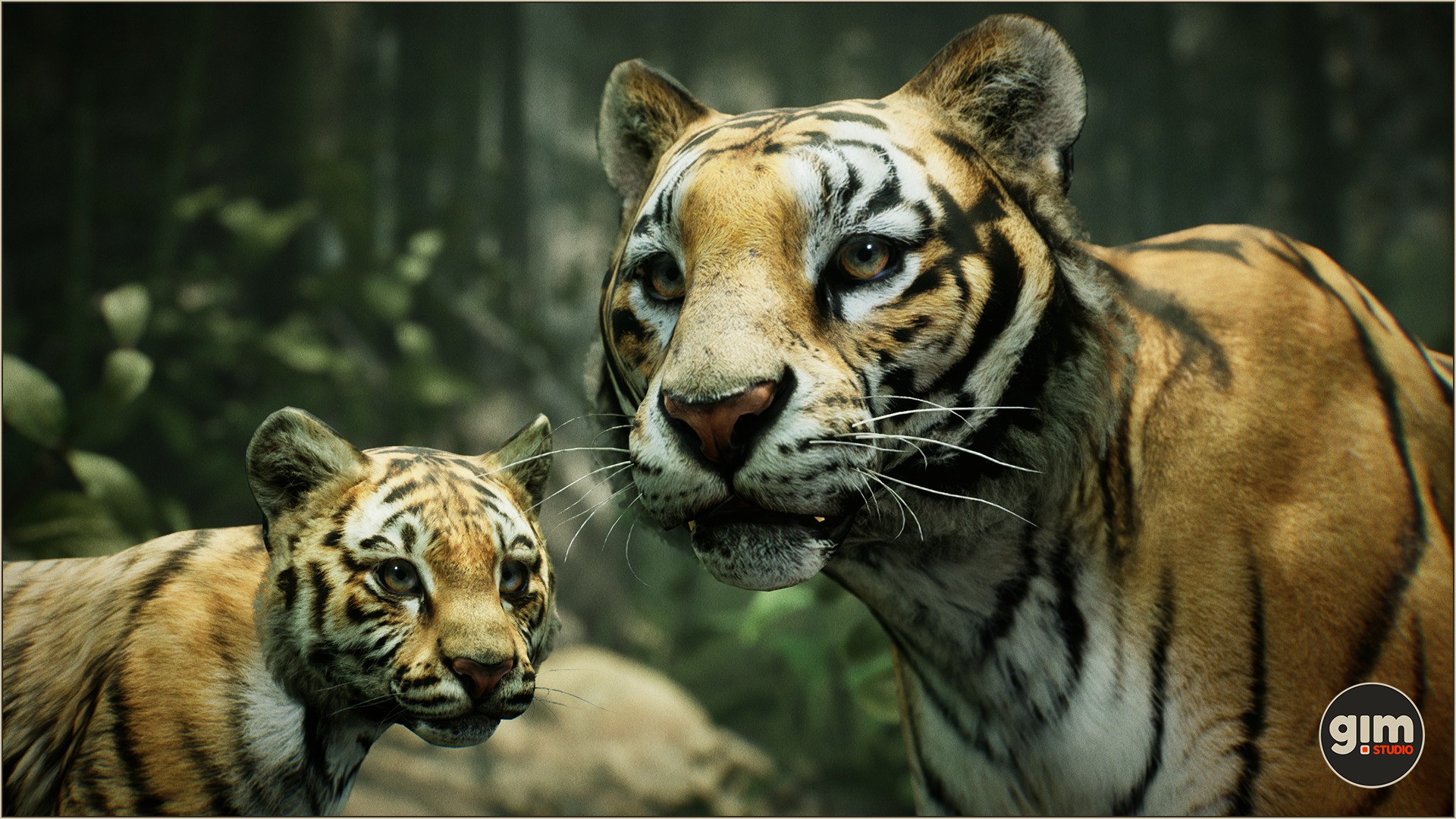 Tiger father and son posing for a family photo